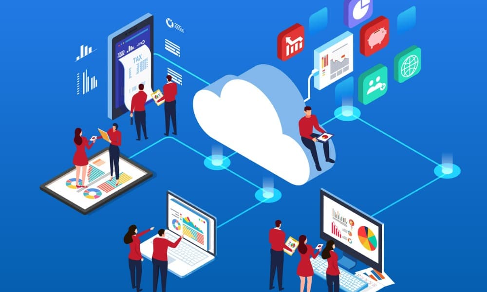 The image is cartoon-style with a blue background and shows various people working on tasks within a connected cloud computer system.